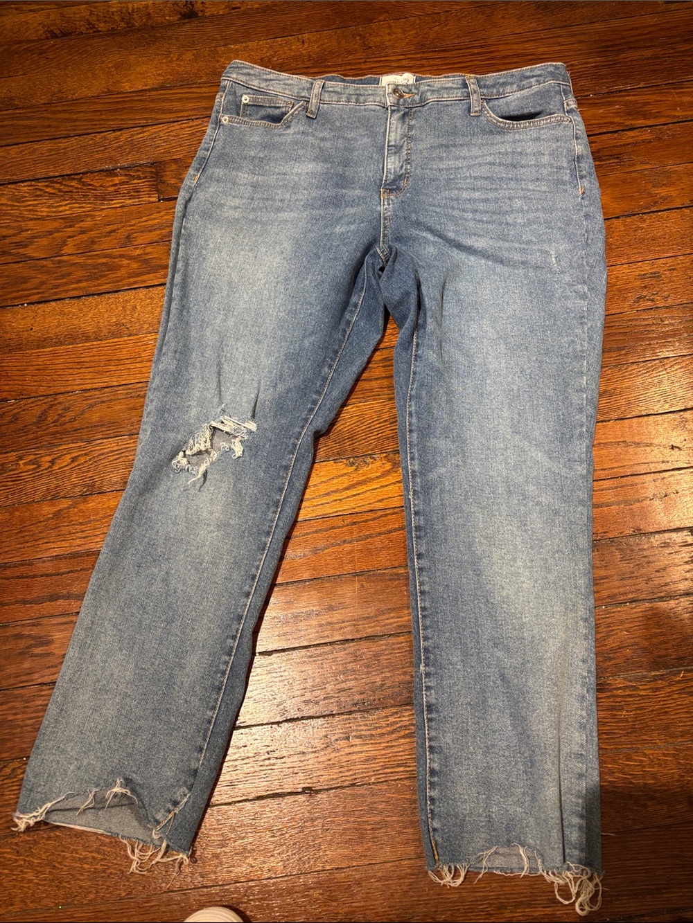 crown & ivy Medium Blue Distressed Straight Leg Jeans